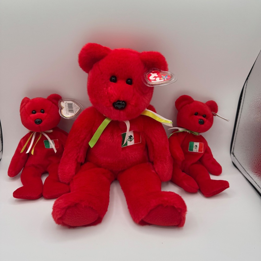 Ty Beanie Babies Buddy Osito Mexico Bear Red Plush Set of 3 1999 2000 with tag